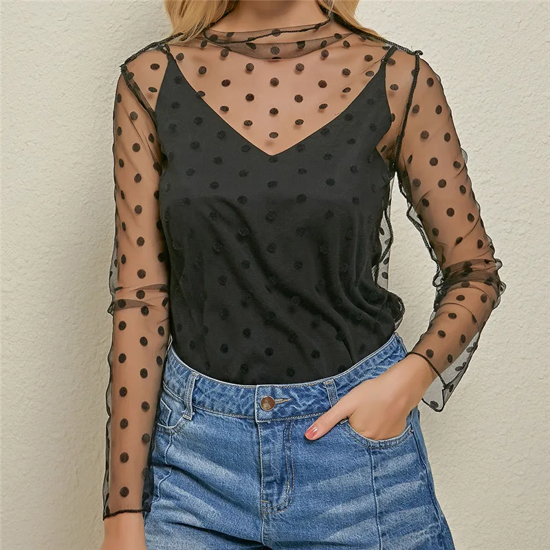 Женская прозрачная кружевная сетчатая блузка с длинными рукавами и V-образным