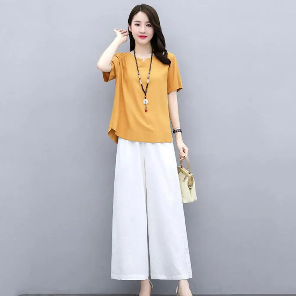 

2 Pcs/Set Stylish Summer T-shirt Pants Set Loose O Neck Lady Top Pants Set Breathable Summer T-shirt Pants Set