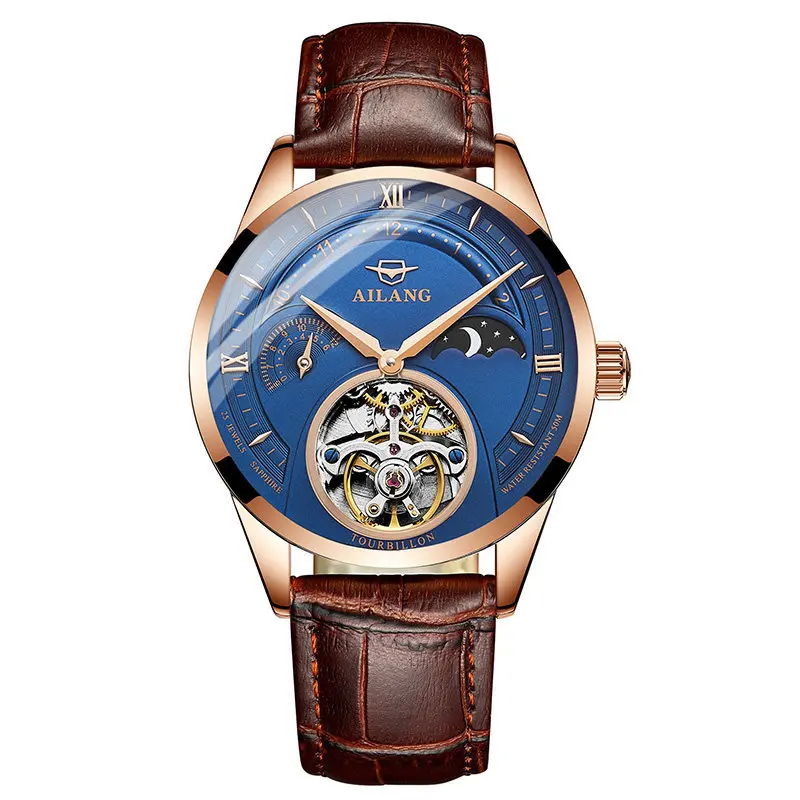 Sun and Moon Phase Mechanical Watch for Men Skeleton Tourbillon Mens Watches Waterproof Rose Gold Reloj Hombre Luxury Man Watch