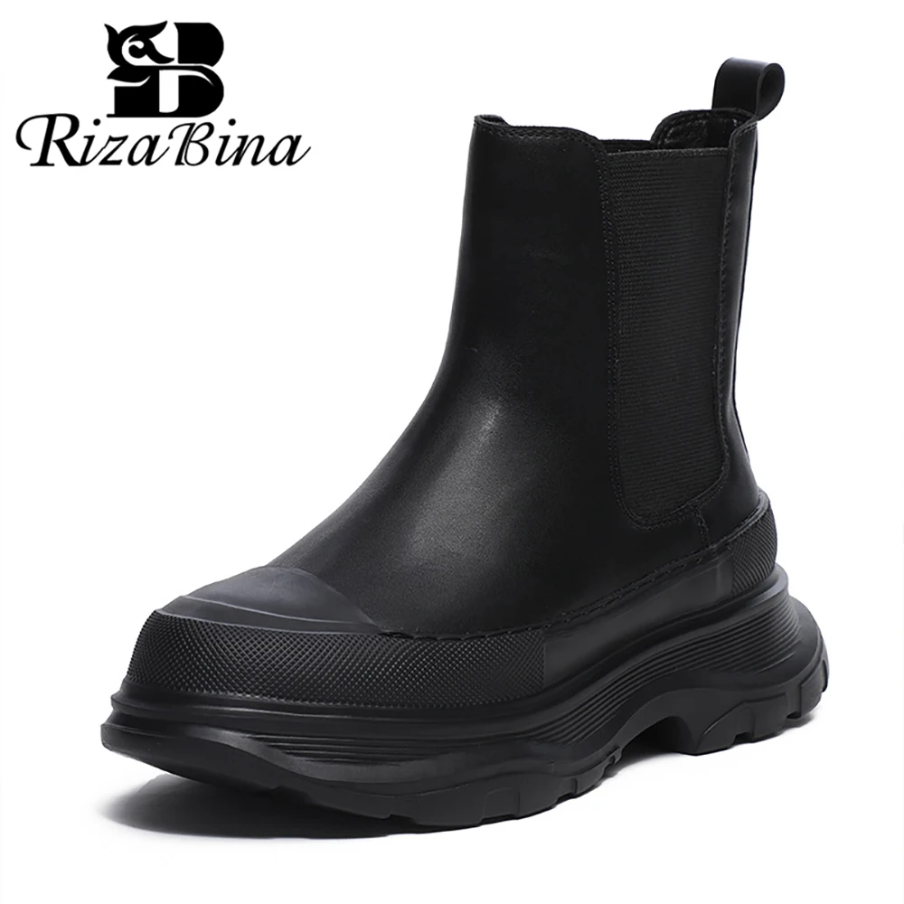 

RIZABINA Women's Chelsea Boots Chunky Heel Elastic Band Round Toe Slip-on Ankle Boots Female Fur Winter Fashion Platform Boots
