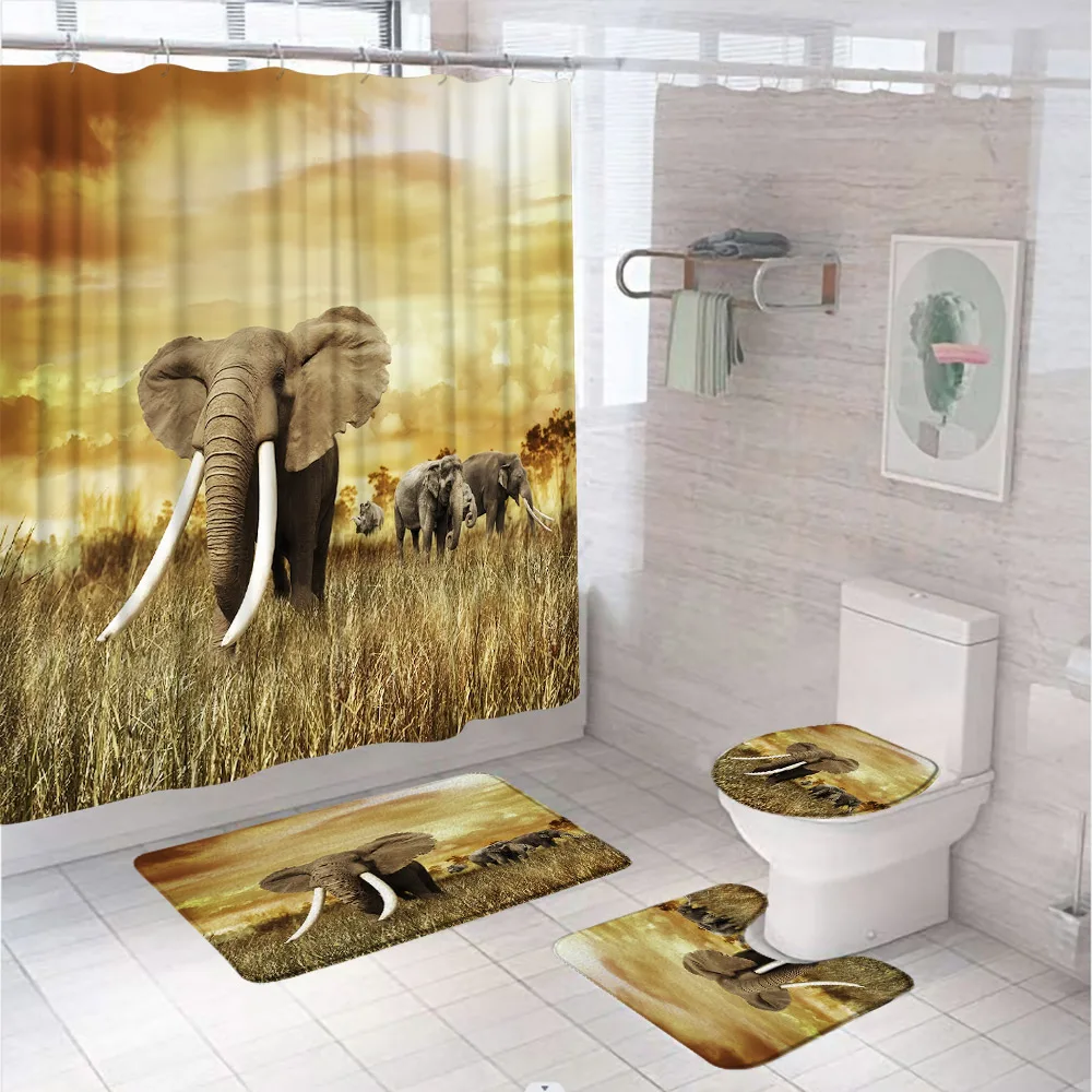 Bath Mat Sets Animal Wildlife Bath Screen Toilet Lid Cover Anti-slip Carpet Flannel Rug Pad Home