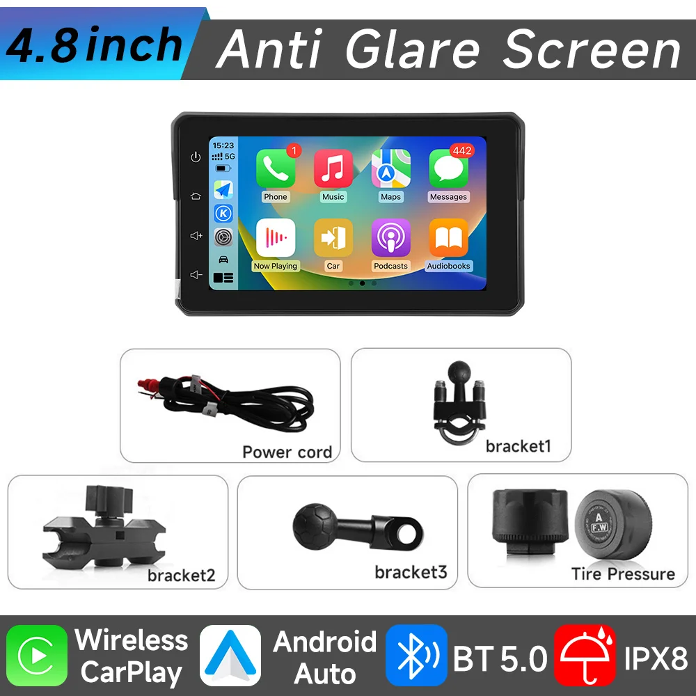 

4,8-дюймовый портативный мотоциклетный навигационный GPS Bluetooth беспроводной Apple Carplay Android Auto Ipx7 водонепроницаемый мониторинг давления в шинах