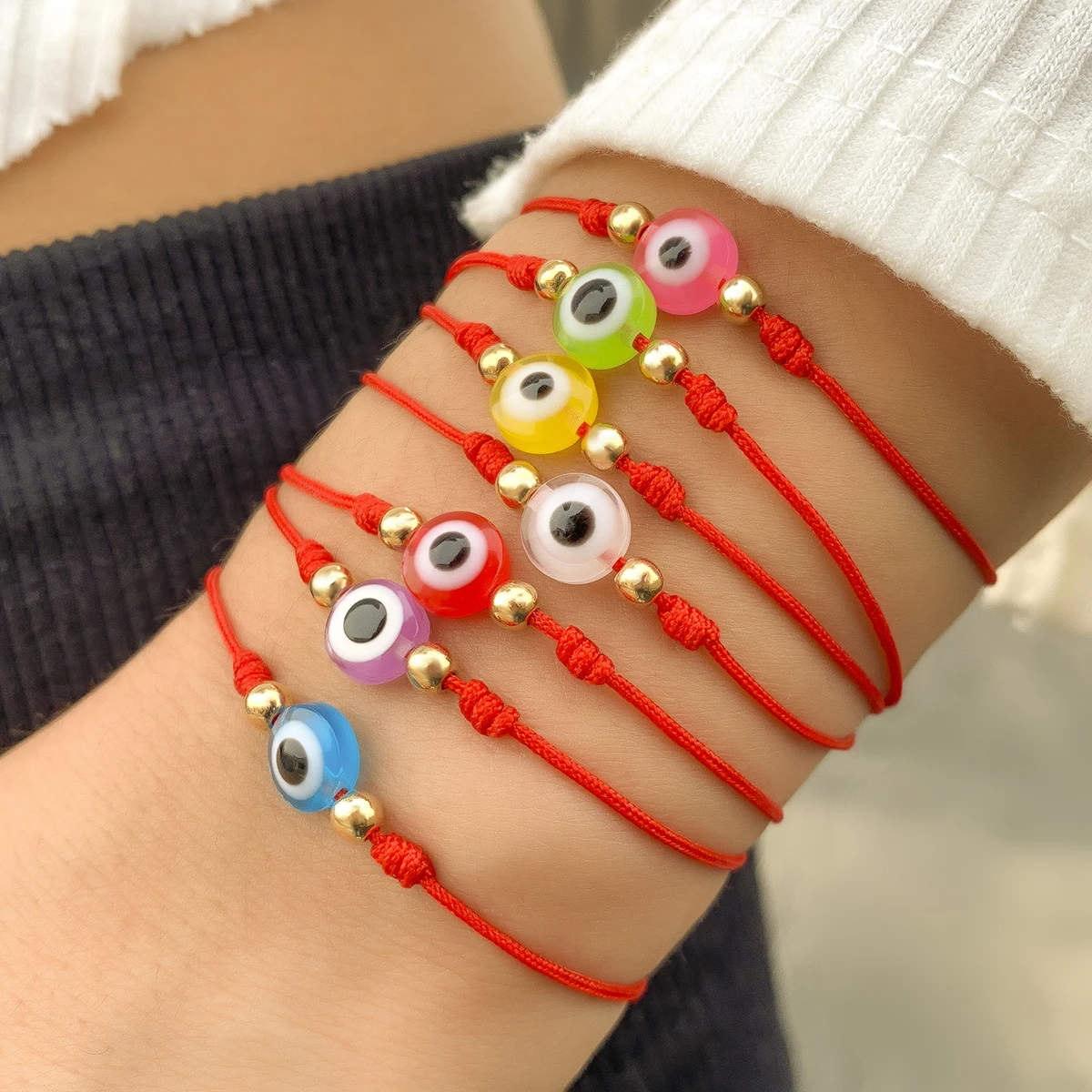 

PuRui Fashion Simple Red Rope Chain Charm Adjustable Multicolor Acrylic Turkish Lucky Eye Bead String Bracelet Casual Jewelry