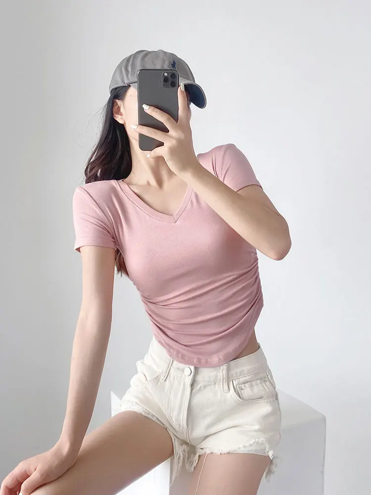 

Модный женский однотонный приталенный плиссированный пуловер DUOPERI, рубашка, винтажная Женская шикарная короткая блузка с V-образным вырезом и короткими рукавами