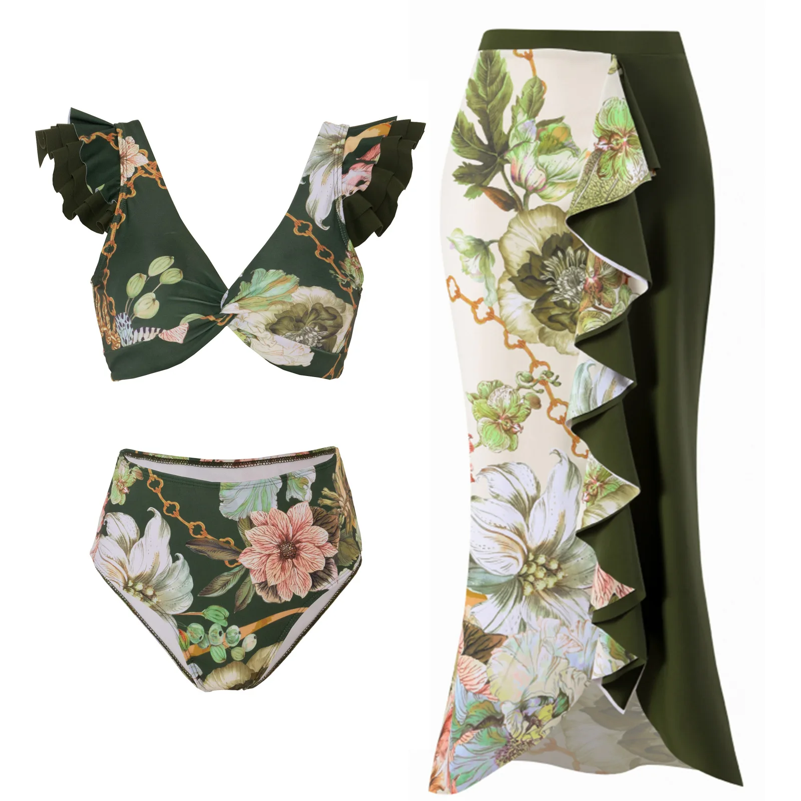 

Swimwear Summer Swimsuit with Skirt Cover Up Floral Print Bowknot Retro Brazilian 2023 New Designer Beach Bathing Suit