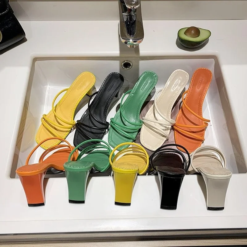 Yellow Fashion Pumps High Heels Shoes for Women Sandals 2022 Summer New Solid Color Square Head Thick Heel Design Women Slipper