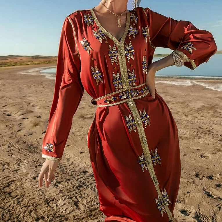 Ramadan Eid Mubarak Orange Abaya Dubai Turkey Islamic Arabic Muslim Long Party Evening Dresses For Women Robe De Soiree Femme