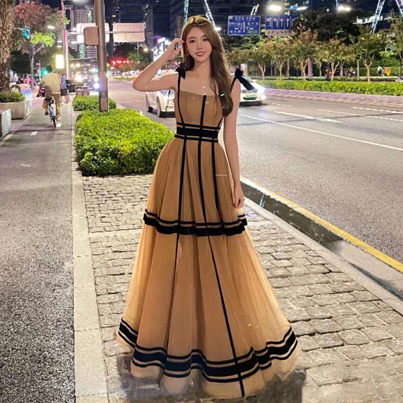 

French Style Luxury Evening Dress Bow Spaghetti Strap Prom Gowns Lace Up Black Striped Patchwork Graduation Homecoming Dress