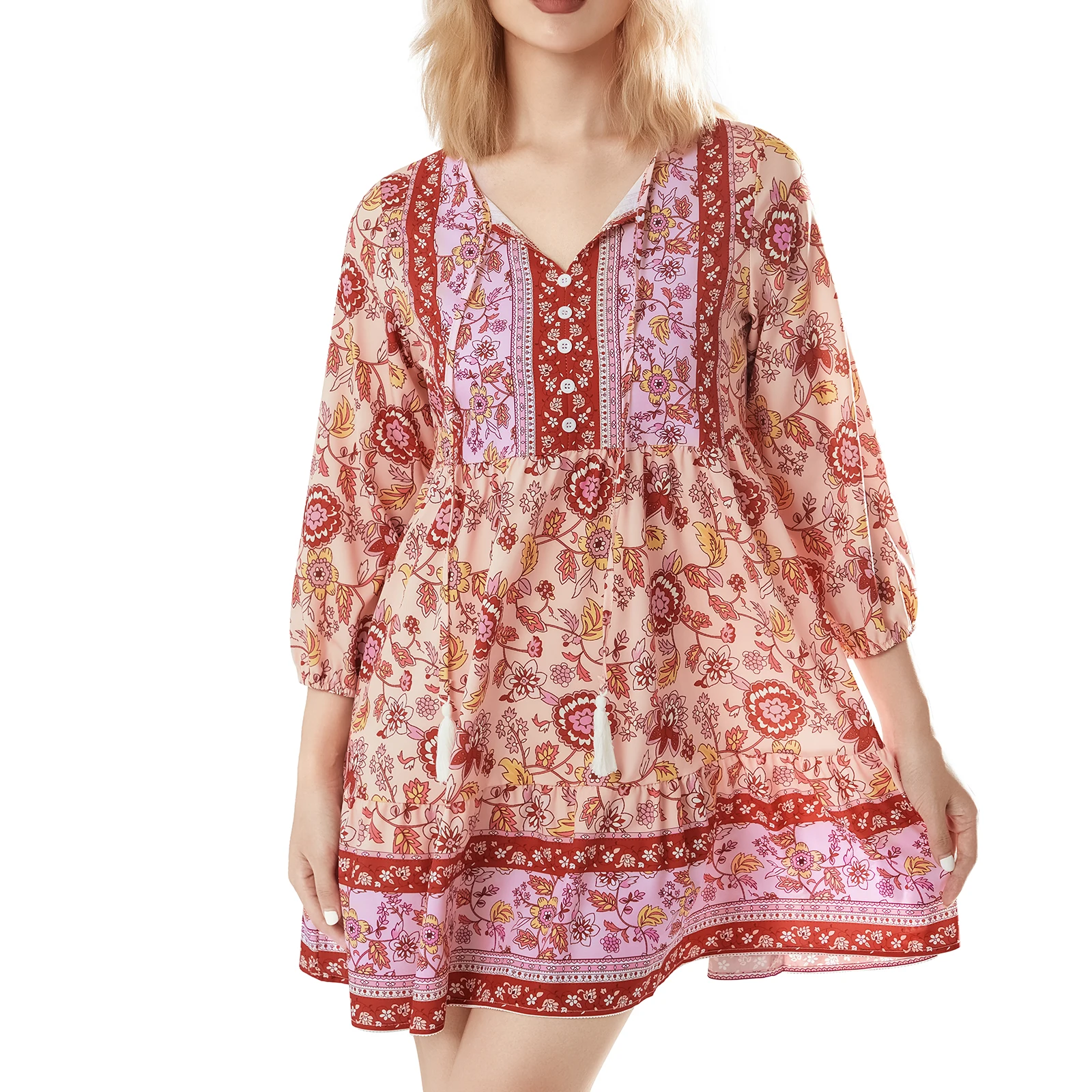 

Женское летнее пляжное мини-платье в стиле бохо с цветочным принтом, бахромой, V-образным вырезом, коротким рукавом и цветочными оборками