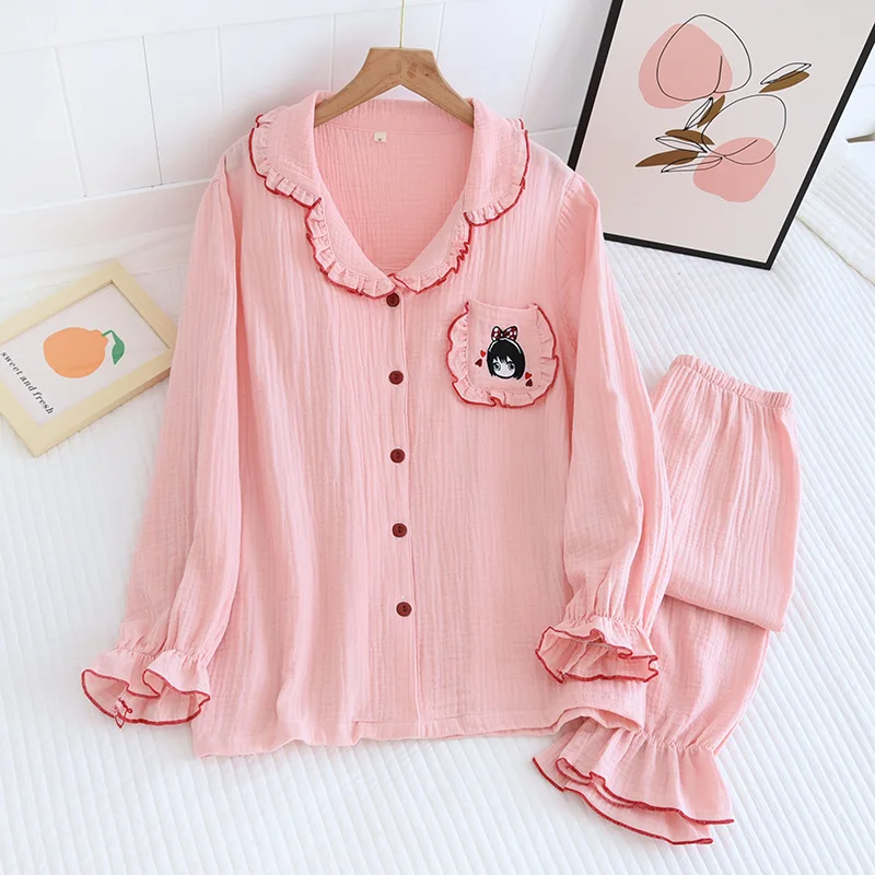 Spring Girls Pajamas Set Women Fungus Lapel Cotton Crepe Nightwear Pocket Lace Cute Thin Long-sleeved Pants Home Clothes Pijama
