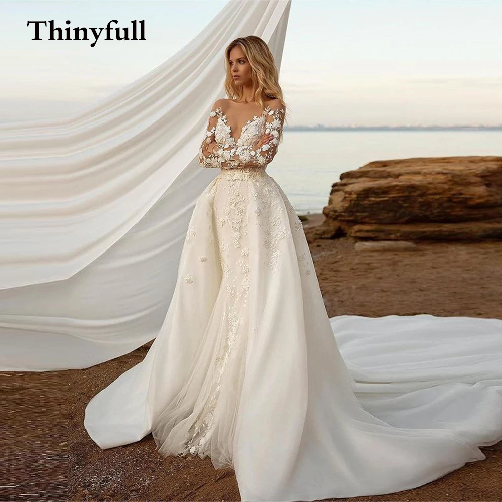 

Элегантное кружевное свадебное платье Roya с цветочным принтом из 2 предметов с длинными рукавами и открытой спиной, пляжные свадебные платья...