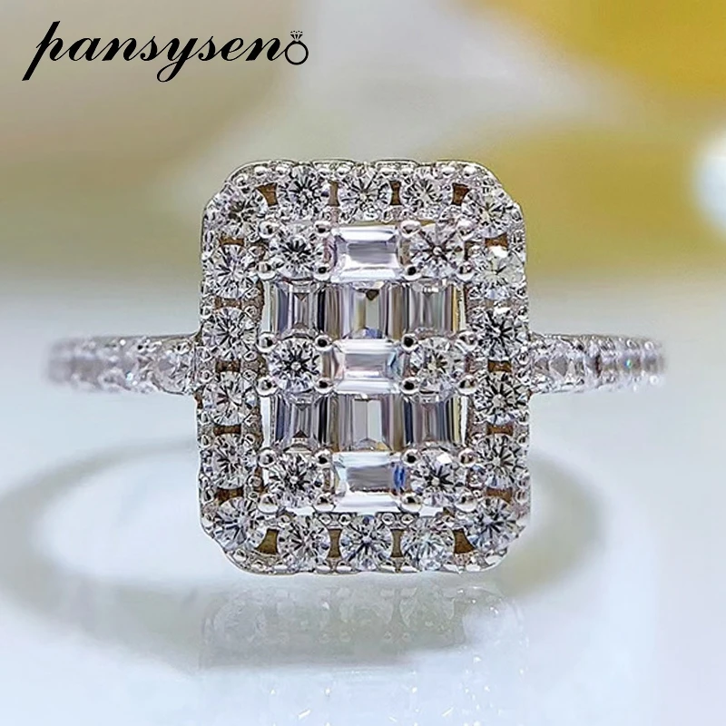 PANSYSEN Trendy 925 Sterling Silver High Carbon Diamond Gemstone Wedding Party Ring 18K White Gold Plated Fine Jewelry Wholesale