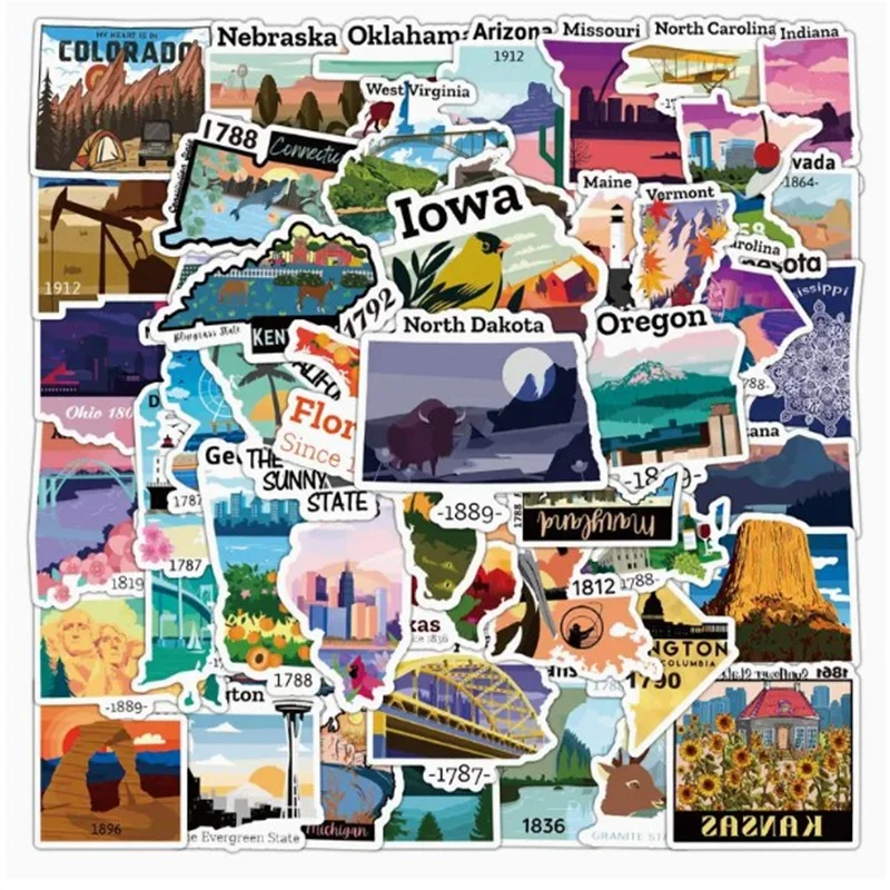 

50sheets USA Map Stickers - Waterproof and Durable Decals for Laptops Bumpers Water Bottles Stickers