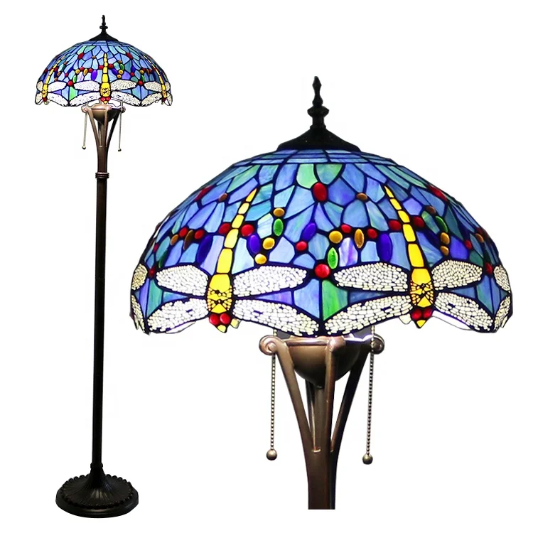 

LongHuiJing Dragonfly Tiffany Styled Floor Lamp 16 inch Wide 2-Light Double Chains Stained Glass Shade Antique Base Decor Lights
