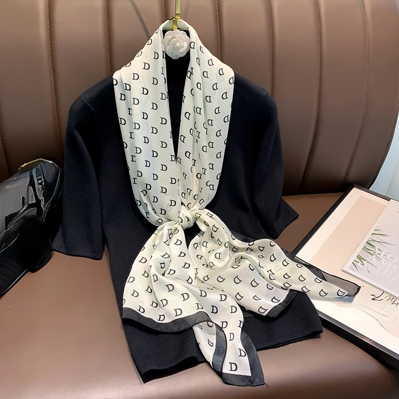 

2022 Korean Style Letter Silk Scarves Fashion 160X40CM Headcloth Four Seasons Classic Long Scarf Popular Print Sunscreen Shawls