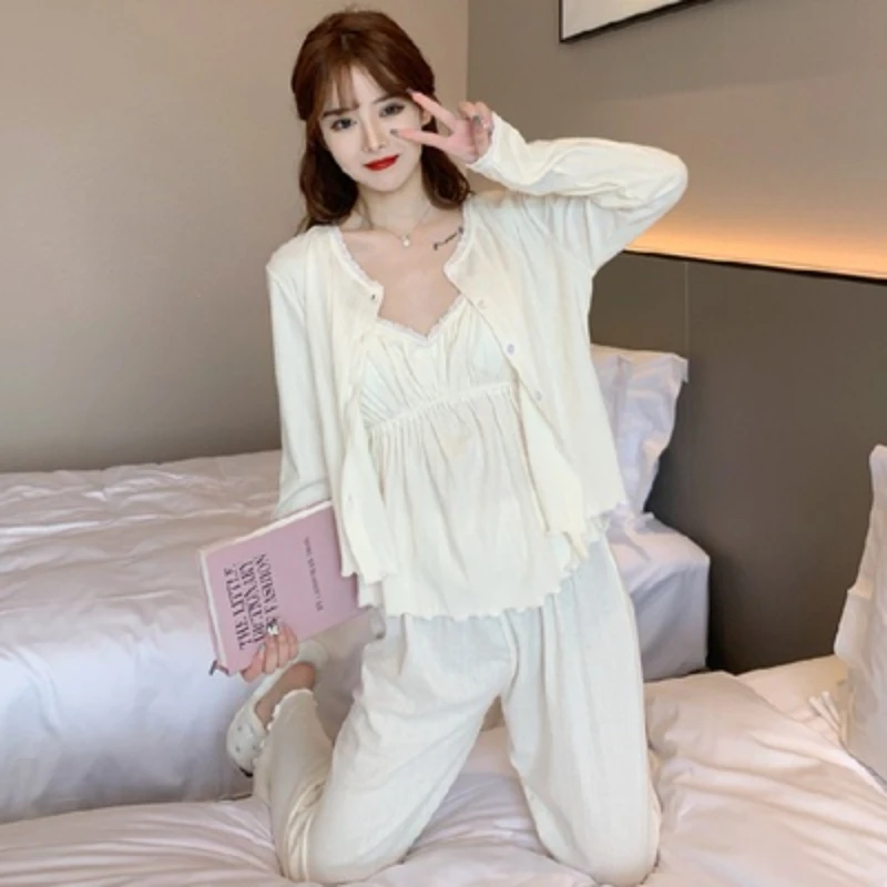 Women Pajamas Three Piece Set Chest Pads Chic Sleepwear Sweet Nightgown Camisole Cardigan Trousers Spring Summer Suit