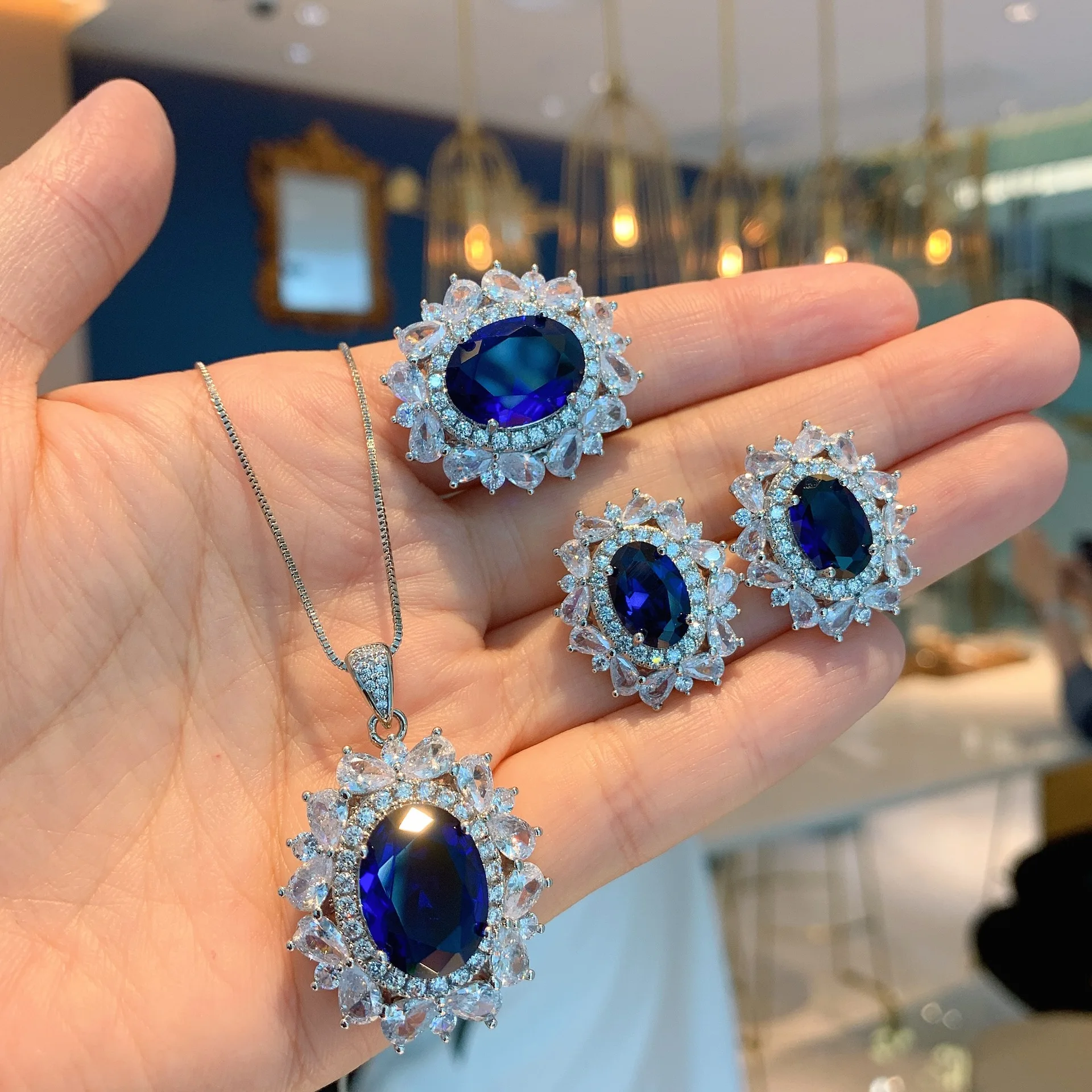 

European and American Style Retro Imitation Tanzanite Sapphire Jewelry Set Main Stone Pendant Ring 12*16 Earrings Upscale Gift