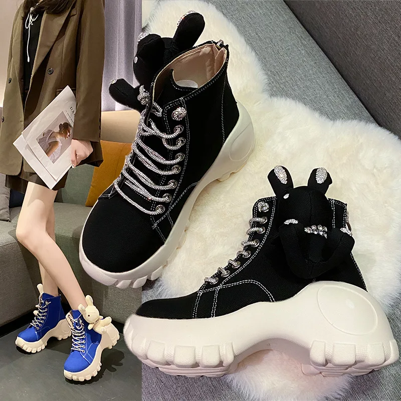 

New women's designer trend lace-up platform wedge women's ankle boots Casual canvas high-top shoes muffin single boots