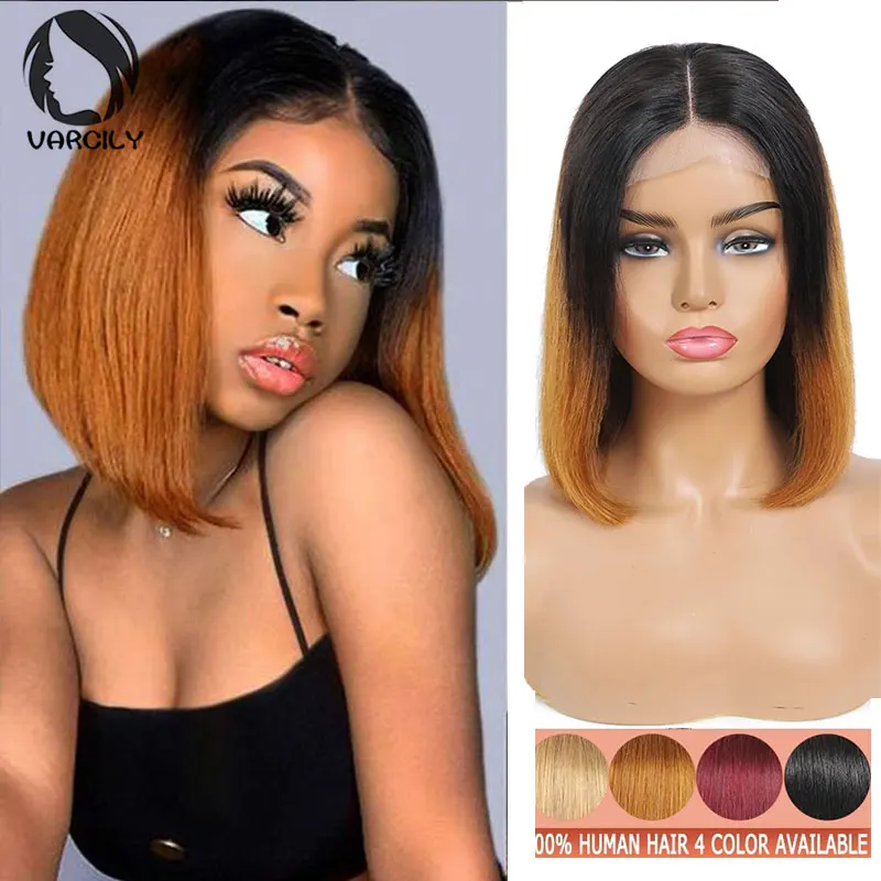 Straight Short Bob Wigs Lace frontal Wig Remy Brazilian Human Hair Wig 13x1 T-Part Lace Wigs 1B/30 Blonde For Women