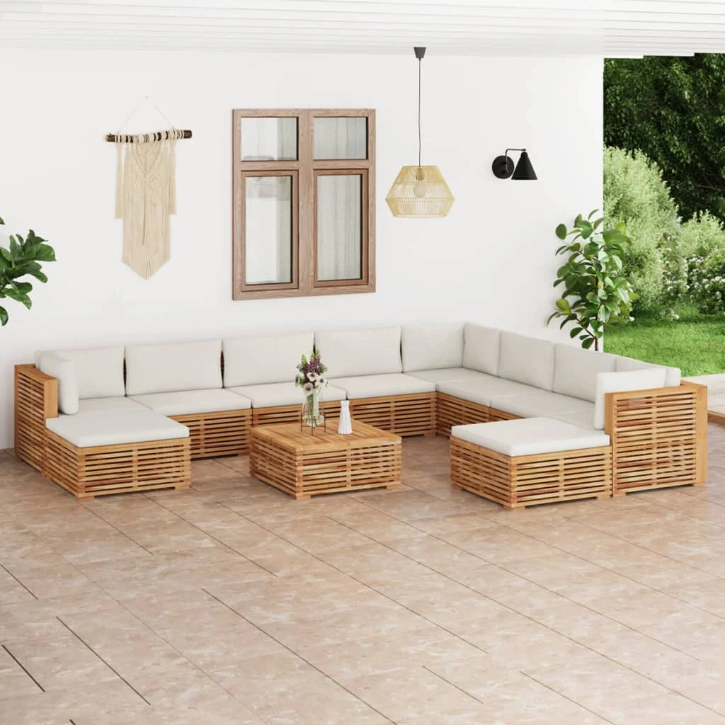 

11 Piece Garden Set with Cream&Dark GrayCushion Solid Teak Wood Compact and Comfortable Wooden Furniture Outdoor Terrace Patio