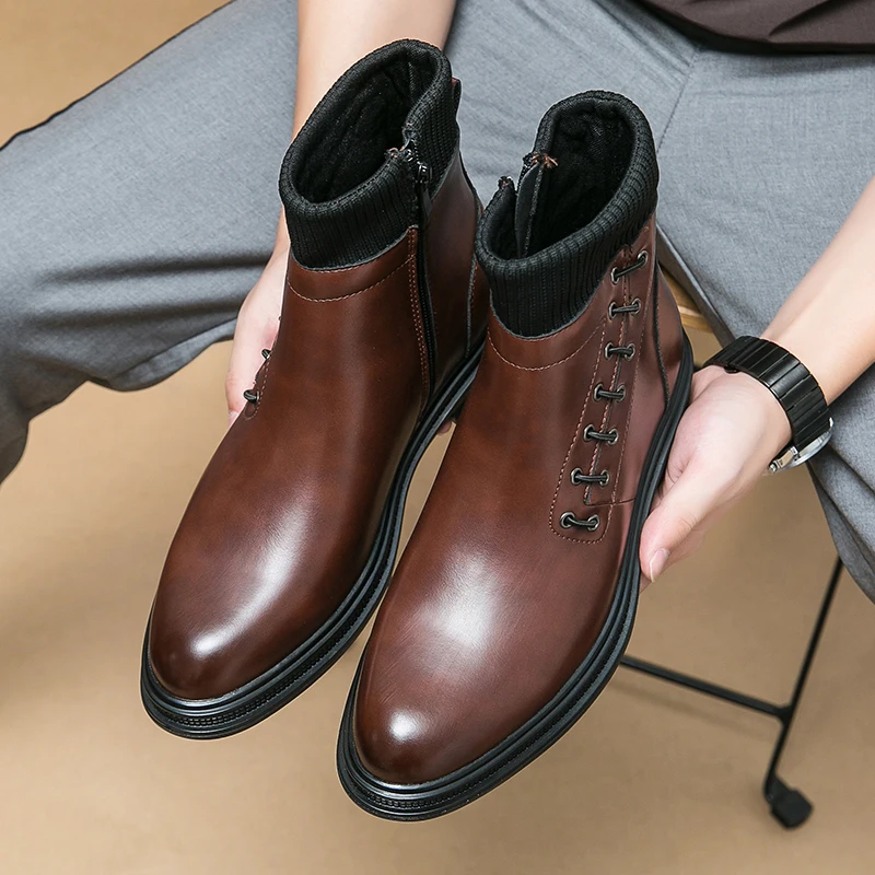 Ботинки мужские из ПУ кожи высокий каблук молния сбоку однотонные Повседневная