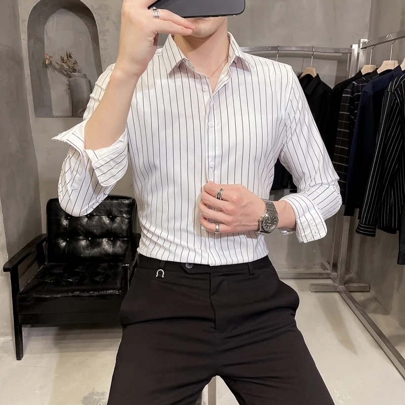 Блузка мужская с длинным рукавом, в полоску, приталенная