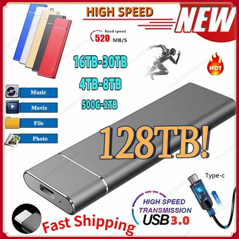 

Портативный внешний накопитель SSD 128 ТБ, 64 ТБ, USB 3,0, высокоскоростные Внешние накопители 16 Тб, жесткие диски для ноутбуков/настольных компьют...