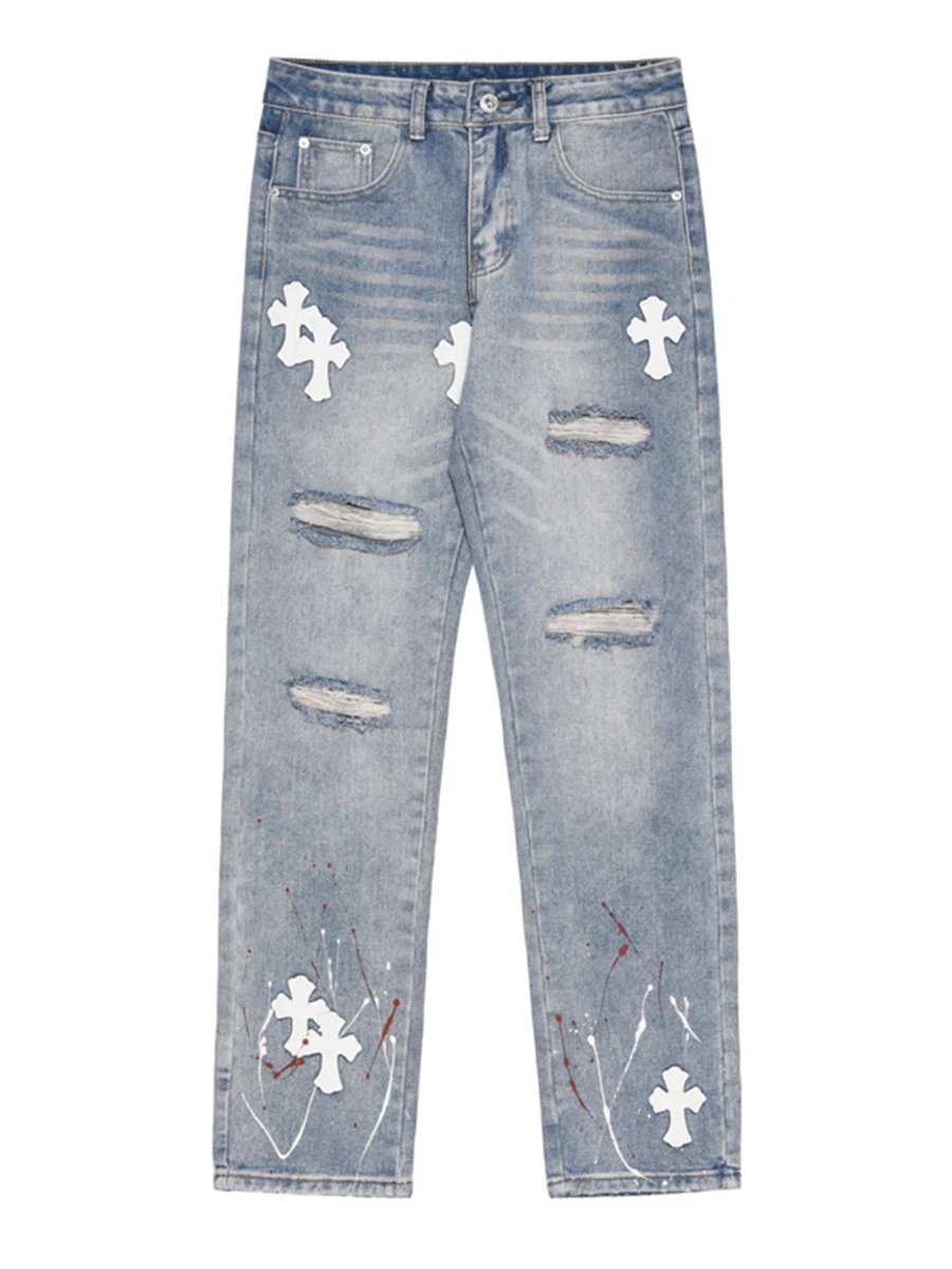 Four Seasons Men's Jeans Ripped Patch Fabric Cross Patch Loose Straight Denim Trousers Y2k Men Jeans Streetwear Men Ins Hot Sale