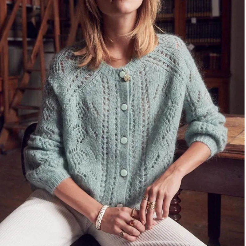 

White Cardigan Women's Sweater Lazy Vintage Ladies Hollow Cardigans Coat Female Autumn 2023 Button Outwear Sweaters Pink Blue