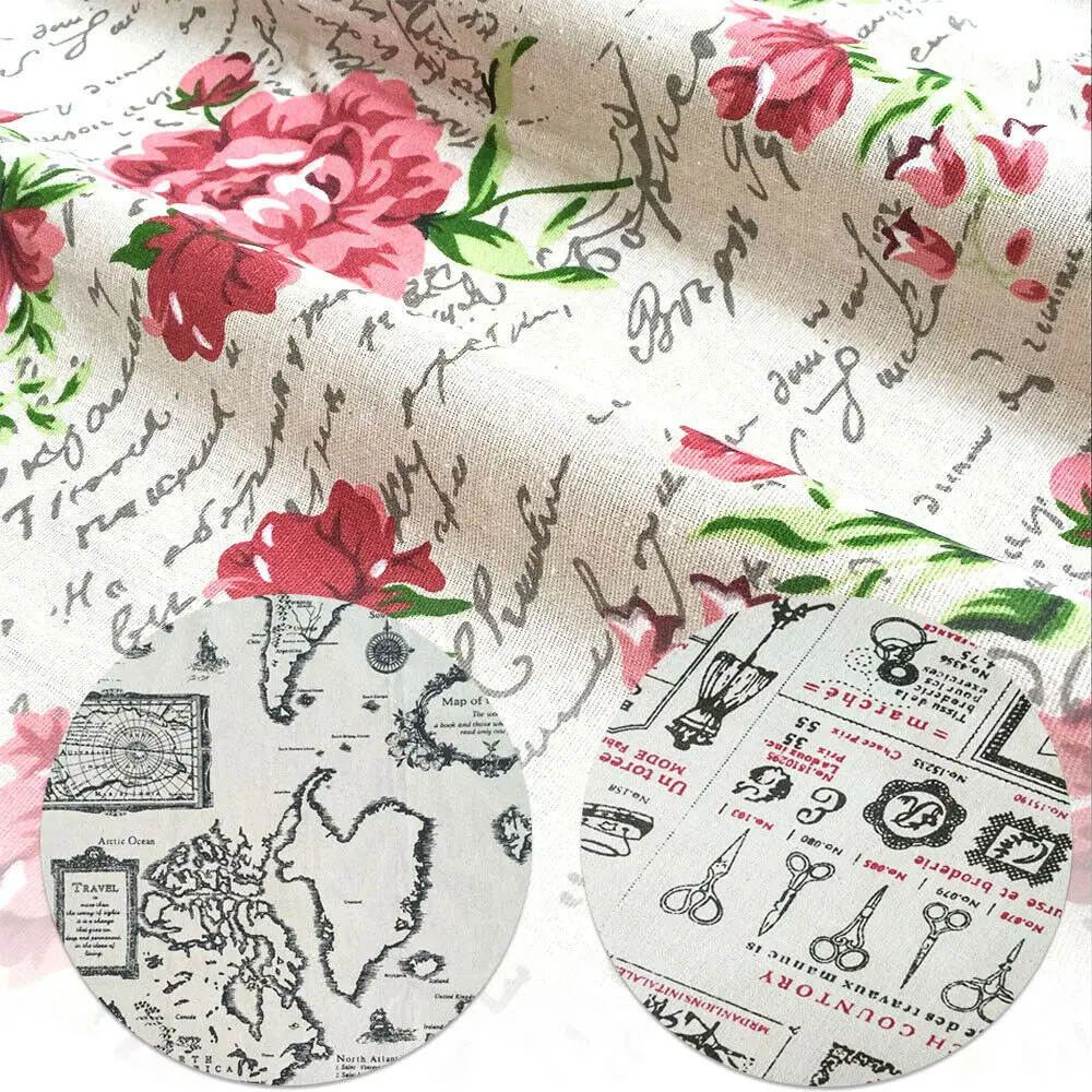 

75*45cm Retro Pattern Scissors Flower Map Fabric Cotton Linen DIY Handmade Quilting Cushion Textiles Sewing Accessories Material