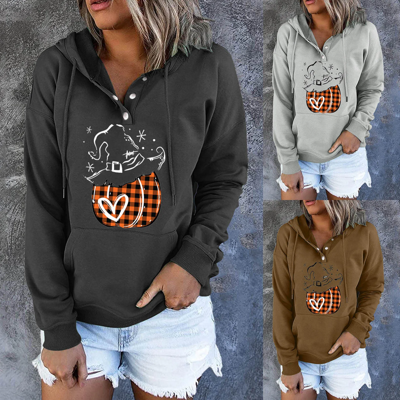 

Women Hooded Halloween Pocket Drawstring Long Sleeves Button Printing Sweatshirt Top Holiday Sweatshirt Women