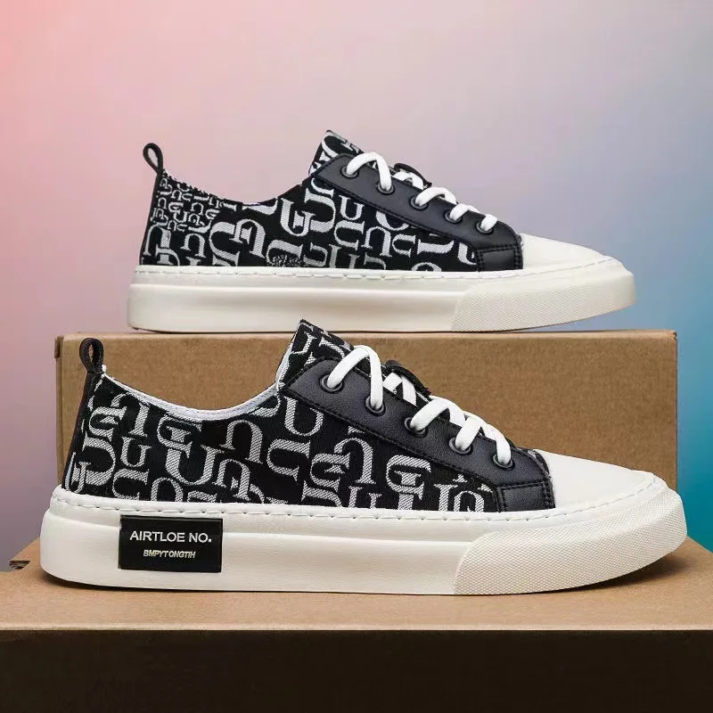 

Vulcanized shoes canvas lace up letter rubber flat trend all-match thin section deodorant tide men's fashion casual flat shoes