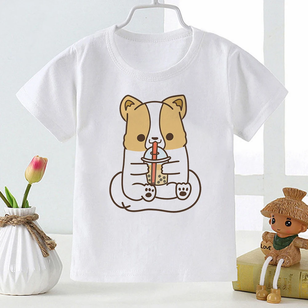 

Kawaii Cat Milk Tea Printed Kids T Shirt Super Cute Cartoon Fashion Trend T-shirt Oversized Summer Girl Boy Casual Baby Clothes