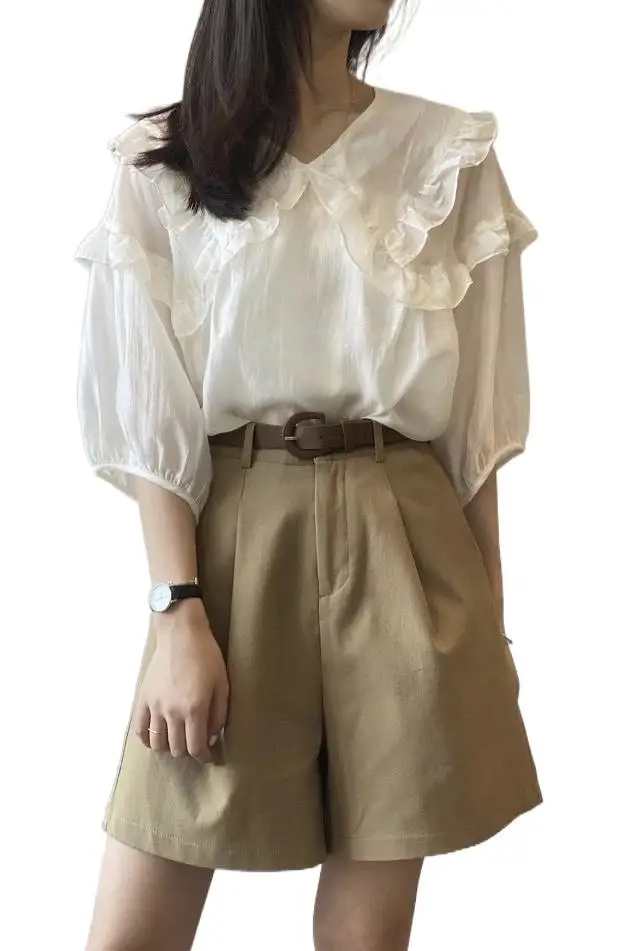 

2023 Women's Clothing The new lantern sleeve shirt tie-in tall waist wide-legged pants suit 0820