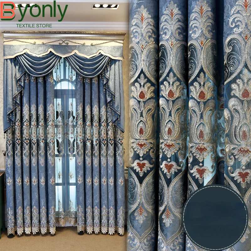 Синие Водорастворимые Вышитые оконные шторы из плотной синели для гостиной
