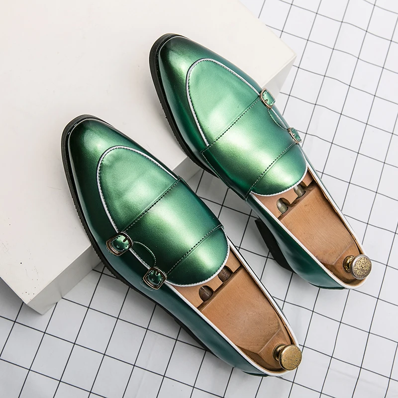 

Мужские кожаные туфли с двойной пряжкой, зеленые, черные или фиолетовые туфли с острым носком, деловые лоферы, размеры 38-48, для весны и осени, 2019