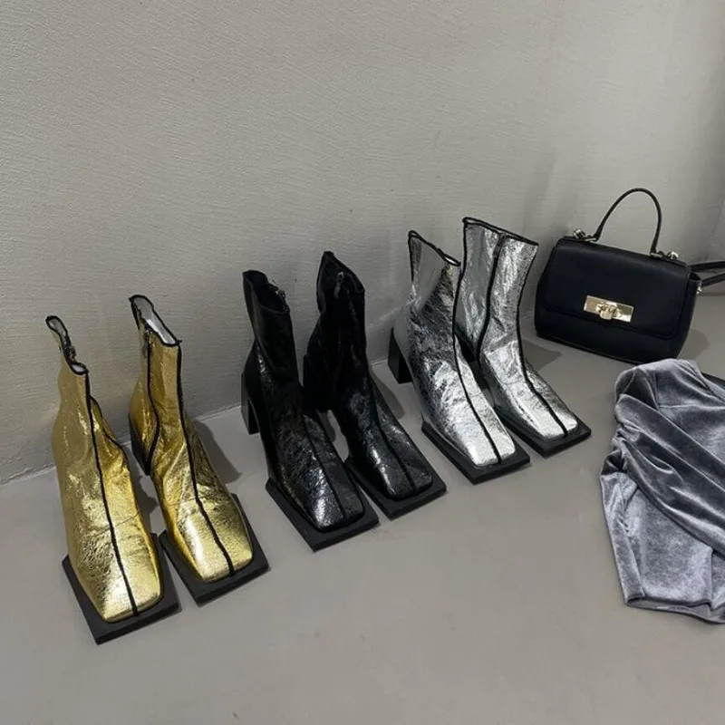 

2023 Winter Brand Square Toe Side Zip Shaped Heel Ankle Boots Women Booties Chunky Heel Boot Female Chelsea Shoes For Women Muje