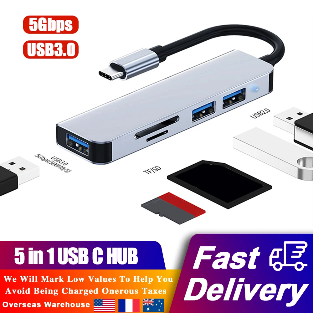 

5 in 1 Hub Type C to USB 3.0 + USB 2.0*2 + SD TF Card Reader Multi-Port Extender Splitter Power Dock Station for Laptop USB Hub
