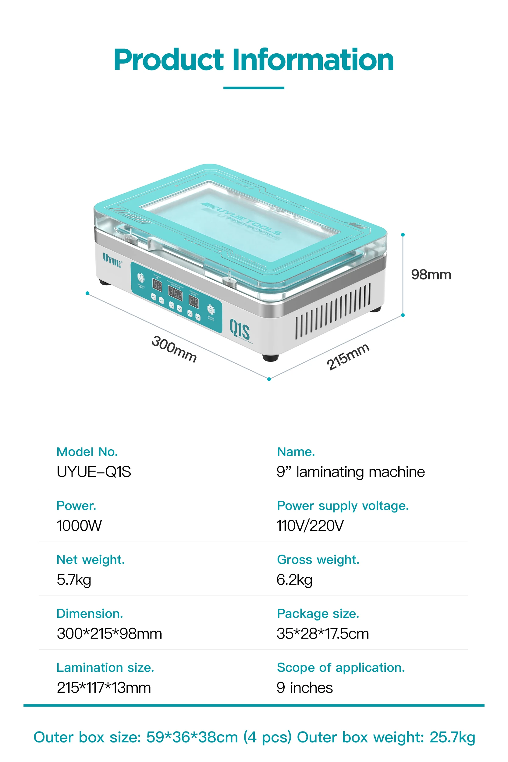 UYUE Q1S 9-дюймовый ЖК-ламинатор для установки и плоского экрана стеклянный ламинат
