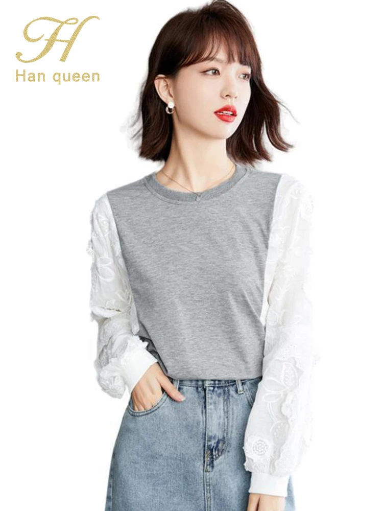 

Осенние повседневные футболки H Han Queen, топы с длинным рукавом, Корейская простая серия, модная уличная толстовка, свободные женские футболки в стиле пэчворк