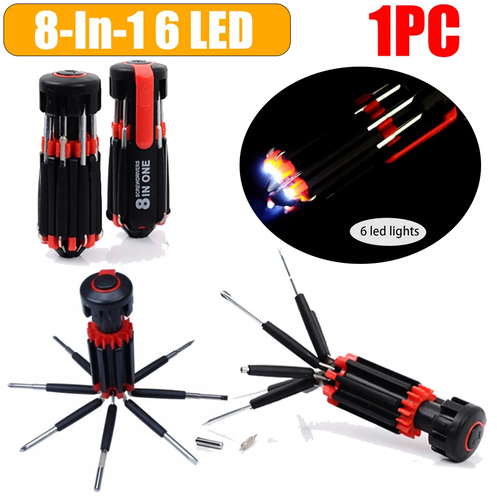 

8 In 1 Slotted Phillips Screwdriver Precision With 6 LEDs Light Folding Screwdriver Bits Multitool Household Repair Tool