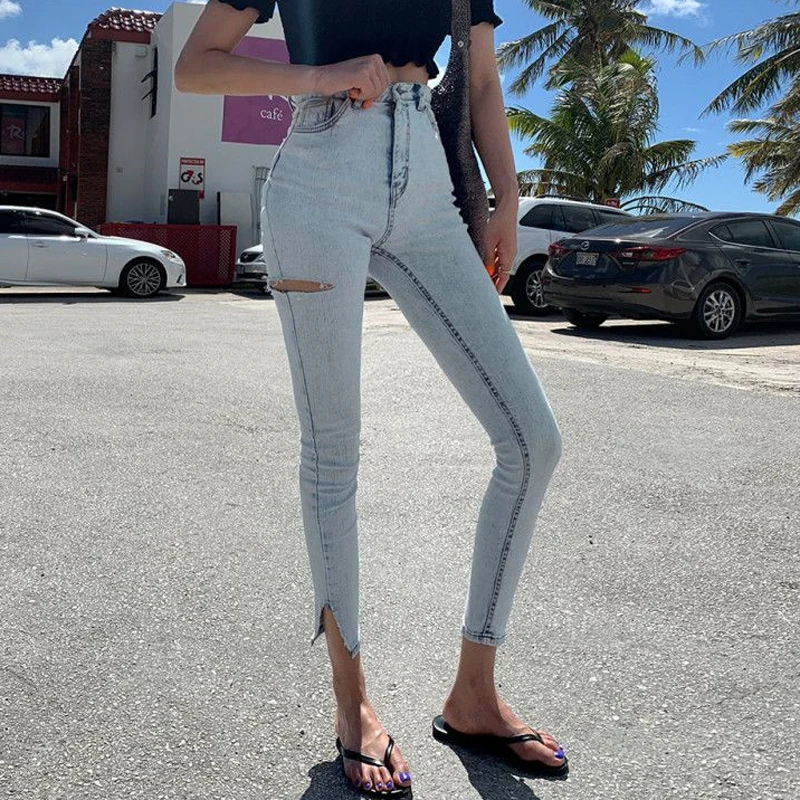 

Streetwear Light Blue High Waist Stretch Skinny Women Jeans Pants Split Cuff Ripped Hole Female Pencil Jeans 2019 Women Trousers