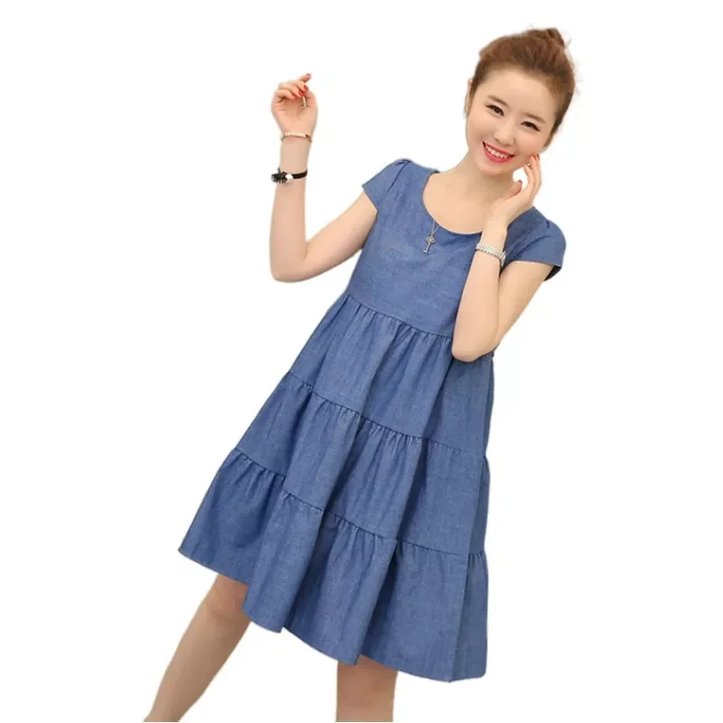 

NEW IN Summer Women Loose Denim Dress High Waist Lace Up Large Size Lady Dress Korean High Streetwear Short Sleeve O Neck Female
