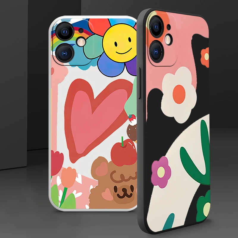 

INS Color Flower Liquid Silicone Phone Cases For iPhone 13 12 11 Pro Max Mini SE 2020 X XR XS Max 8 7 6s 6 Plus Cover Funda Capa