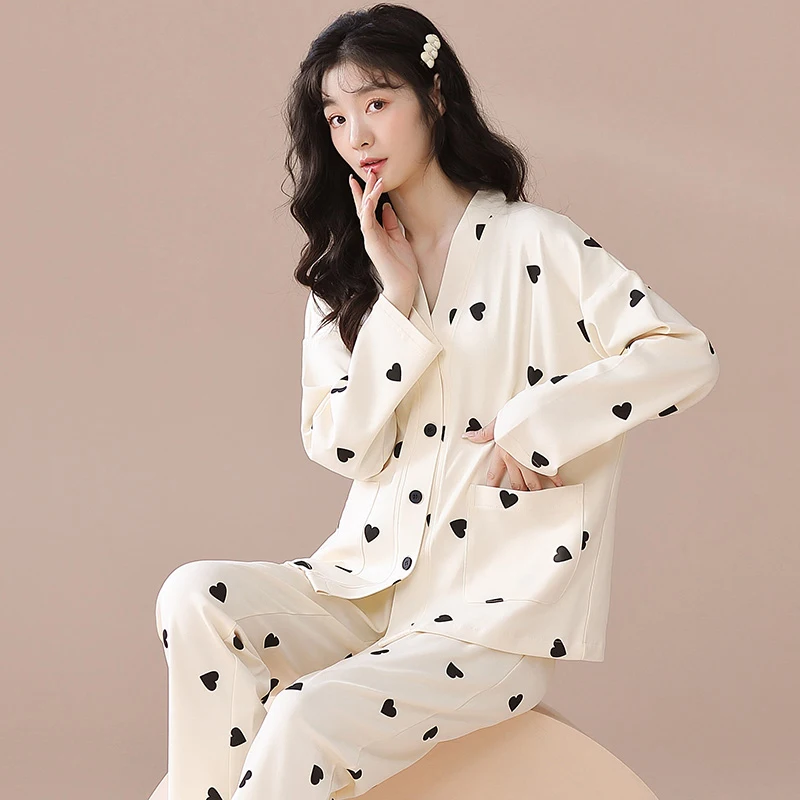 CAIYIER 2023 Avocado Dot Soft Nightwear V-Neck Cotton Pajamas Set For Women Kawaii Sleepwear Girls Winter Lounge Wear 3XL2023