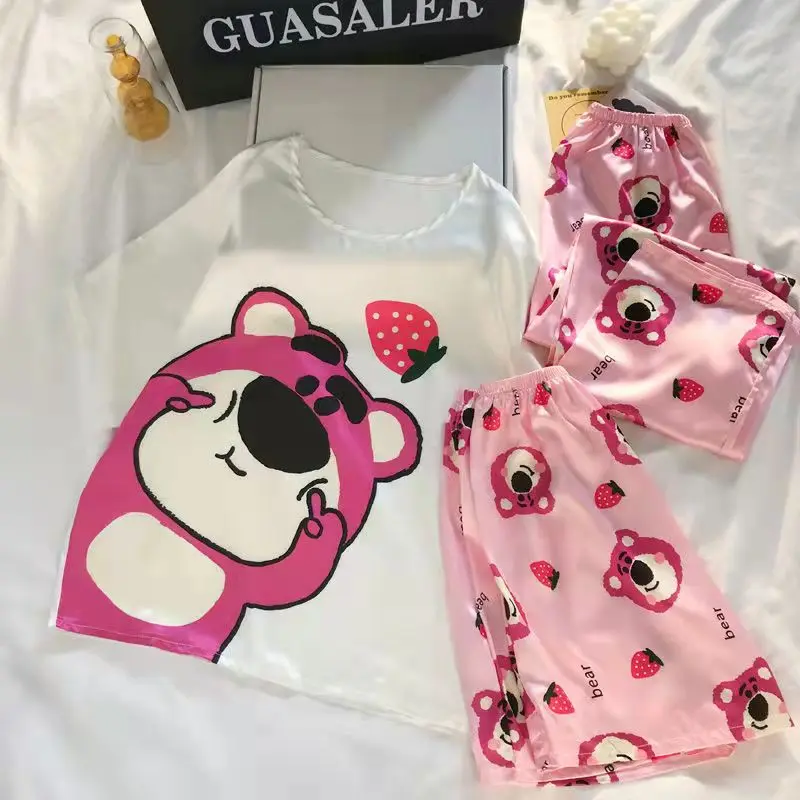 3 Pieces Set Pajama Summer Thin Nightwears for Girls Women Kawaii Strawberry Bear Pink Pijama with Shorts Pants Anime Cozy Ins