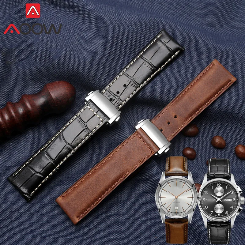 Genuine Leather Strap 20mm 22mm Stainless Steel Folding Buckle Men Replacement Bracelet Watch Band for Hamilton Khaki Aviation