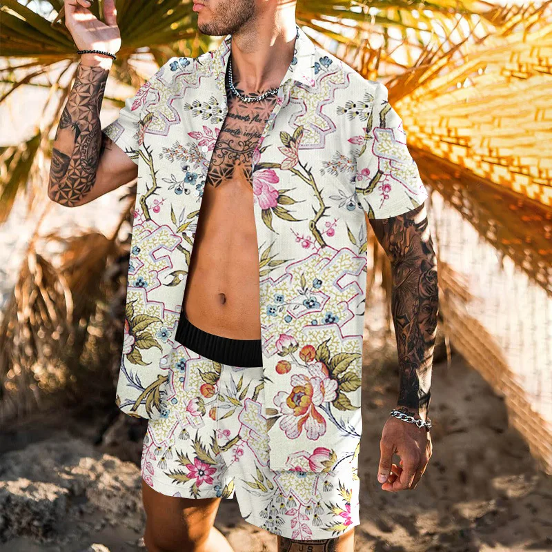 

Men's Tracksuit Summer Men Hawaiian Rose Flower Shirts Sets Print Short Sleeve Button Beach Shorts Shirt Two Piece Suit Cardigan