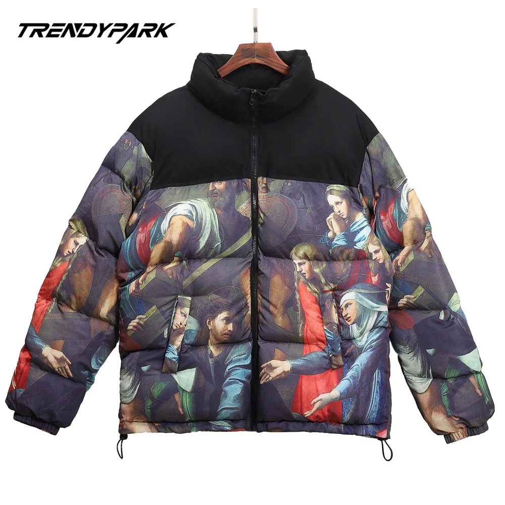 2021 Men's Winter Warm Jacket Coat Patchwork Vintage Painting Harajuku Padded Puffer Jacket Oversize Male Parka Men's Clothing