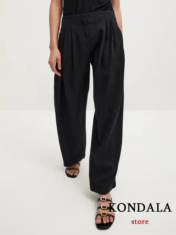 

KONDALA Office Lady Wide Leg Long Pants Women High Waist Zipper Vintage Fashion 2022 Loose Trousers Female Chic Black Pants